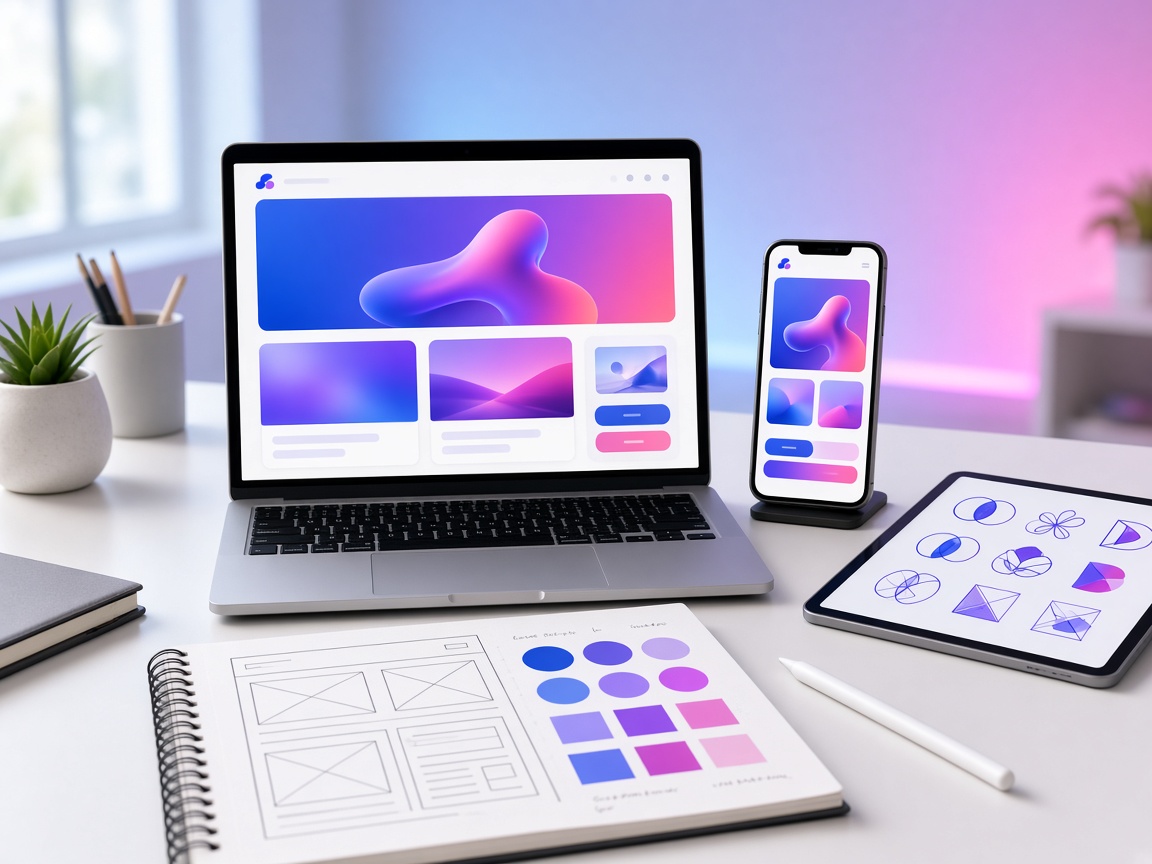 Website design workspace with a laptop, phone and tablet showing a responsive website, logo sketches and colour swatches — Webmelos AI, website designing company in Tirupur Tiruppur
