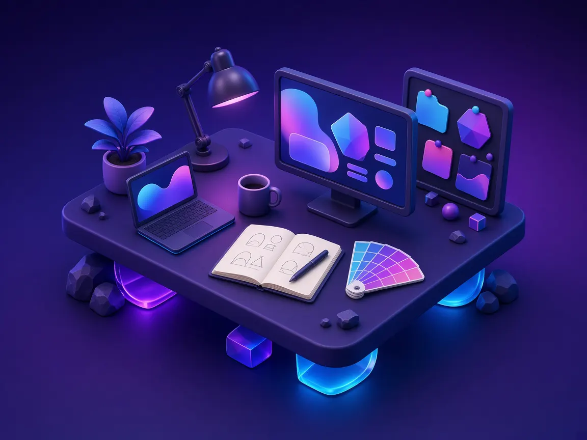 Webmelos AI studio desk with a design monitor, laptop, sketchbook and colour swatches in Tirupur Tiruppur