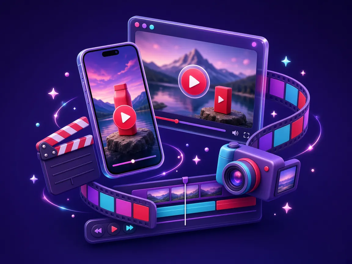 Phone and video player with a clapperboard, film strip and camera, for AI video creation in Tirupur Tiruppur