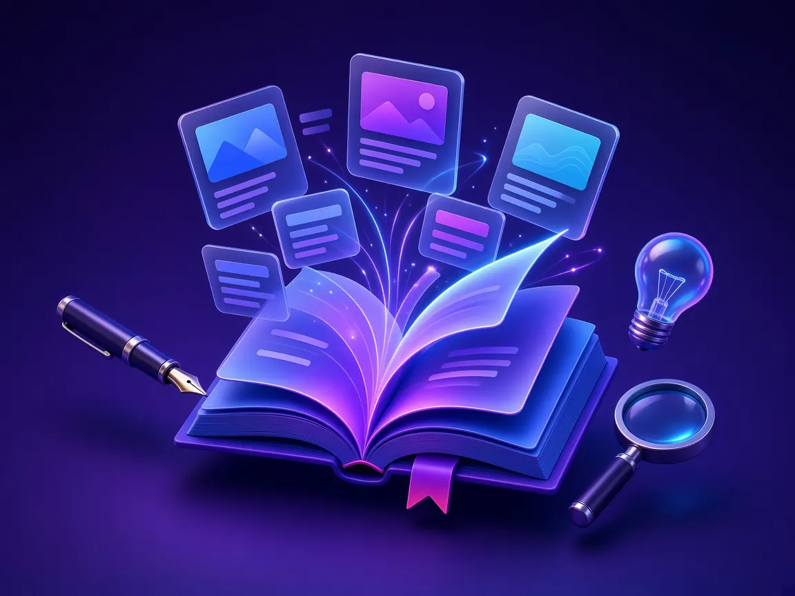 Open book with article cards, a pen and a lightbulb, for Webmelos AI guides for Tirupur Tiruppur businesses