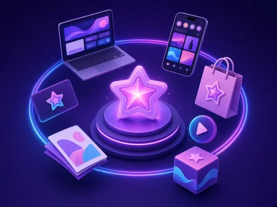 Brand emblem surrounded by website, social, card, bag and box designs, for branding in Tirupur Tiruppur