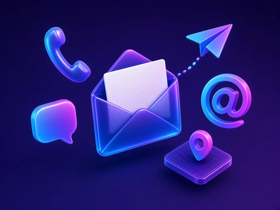 Envelope, phone, chat bubble, paper plane and map pin, for contacting Webmelos AI in Tirupur Tiruppur