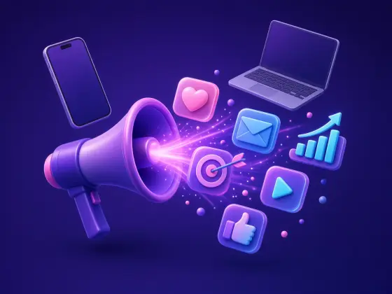 Megaphone sending likes, email, target and growth icons, for digital marketing in Tirupur Tiruppur