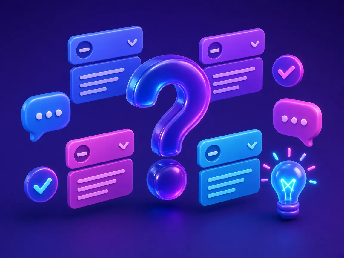 Question mark with answer cards, chat bubbles and a lightbulb, for the Webmelos AI FAQ in Tirupur Tiruppur