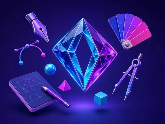 Glass logo emblem with a pen nib, colour swatches and a compass, for logo designing in Tirupur Tiruppur