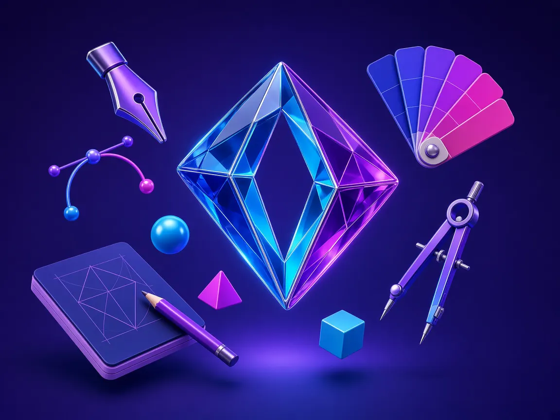 Glass logo emblem with a pen nib, colour swatches and a compass, for logo designing in Tirupur Tiruppur