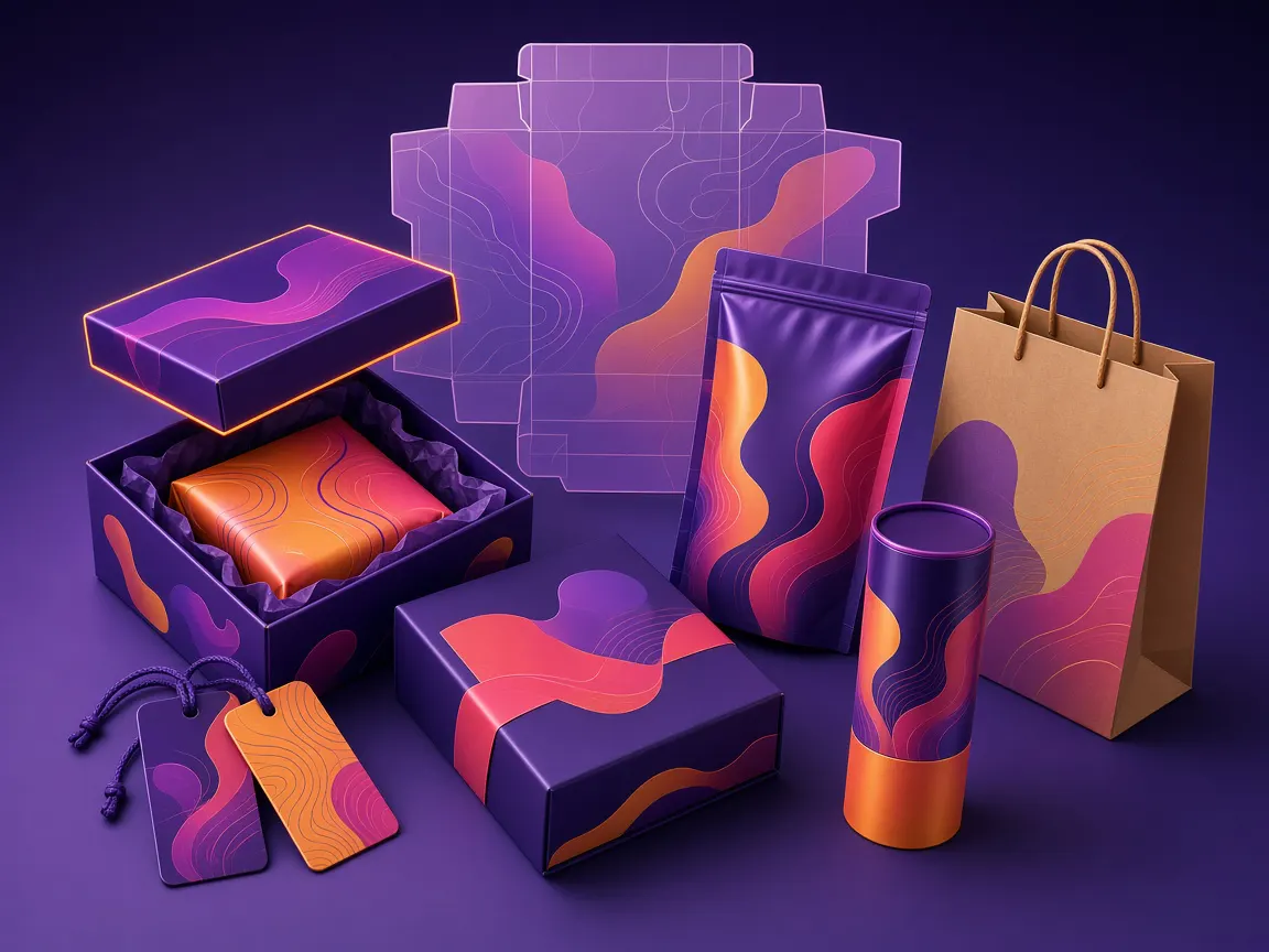 Gift box, pouch, tube, paper bag and hang tags with a box dieline, for package design in Tirupur Tiruppur