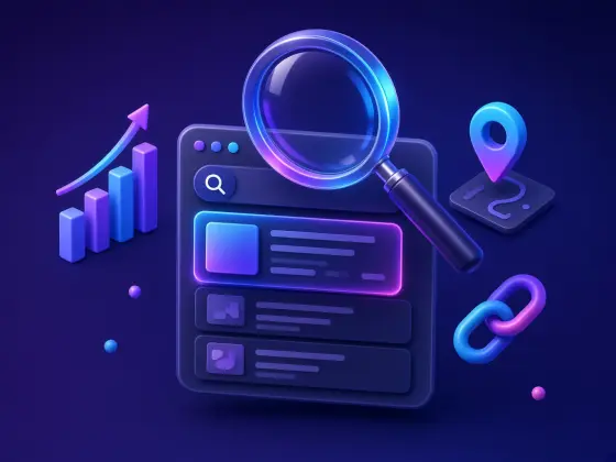 Magnifying glass over search results with a rising chart and map pin, for SEO in Tirupur Tiruppur