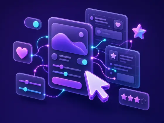 App screens linked by user-flow lines with a cursor, toggles and sliders, for UI UX design in Tirupur Tiruppur