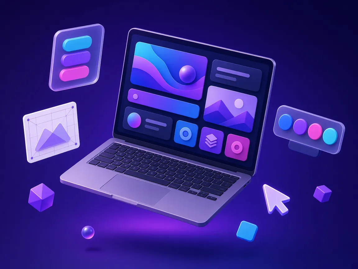 Laptop showing a modern website layout with floating design panels, for website designing in Tirupur Tiruppur