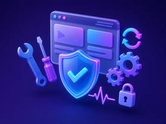 Website window with a security shield, tools and update arrows, for website maintenance in Tirupur Tiruppur