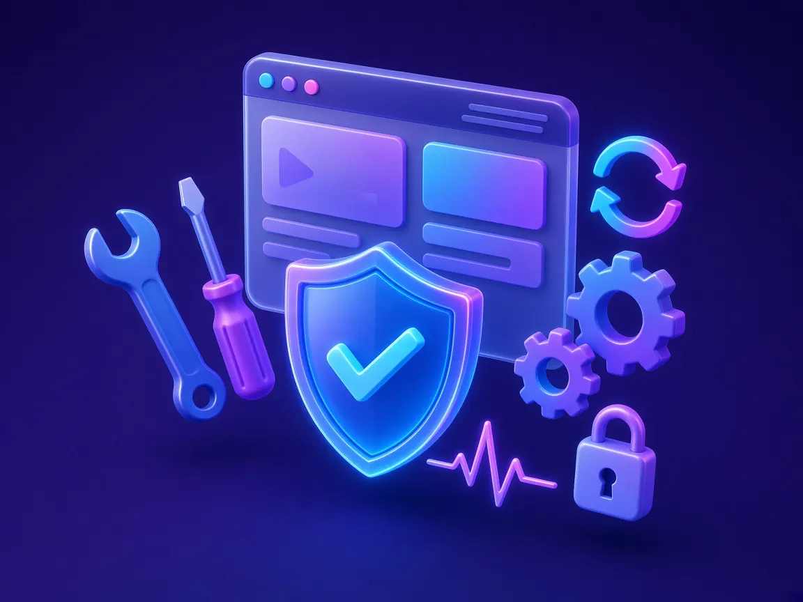 Website window with a security shield, tools and update arrows, for website maintenance in Tirupur Tiruppur